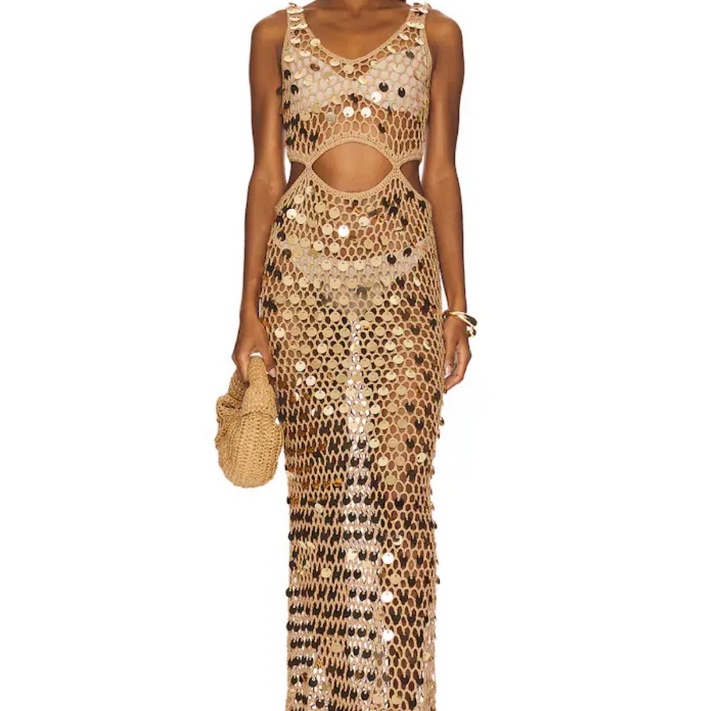 SUPERDOWN (REVOLVE) Gold Sequin Crochet Cutout Maxi Dress